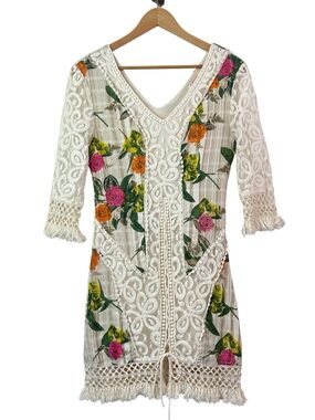 Willa Crochet Lace Floral Embroidered Fringe  Boho Cotton Blend Mini Dress Sz M